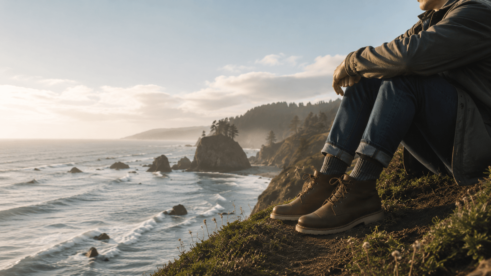 A person in leather boots sitting on a coastal bluff above the ocean on the Humboldt County coast